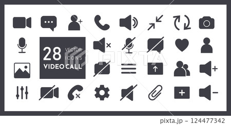 Icon Videocall. Set of basic symbols for video chat, business webinar or online communication. Phone, sound, microphone, camera, call buttons. Flat vector illustration Icon Videocall. Set of basic symbols for video chat, business webinar or online communication. Phone, sound, microphone, camera, call buttons. Flat vector illustration 124477342