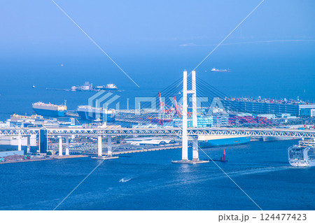 日本の横浜都市景観 関税…黄砂で霞む東京湾…大黒ふ頭の自動車運搬船や出港するプリンセスなどを望む 124477423