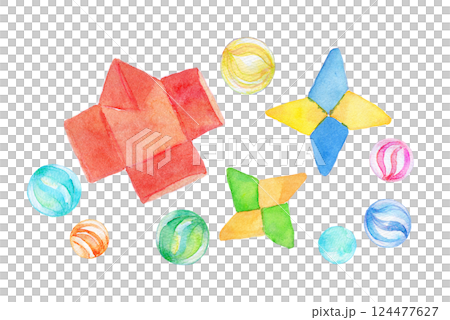 水彩イラスト ビー玉と折り紙遊び 水彩イラスト ビー玉と折り紙遊び 124477627