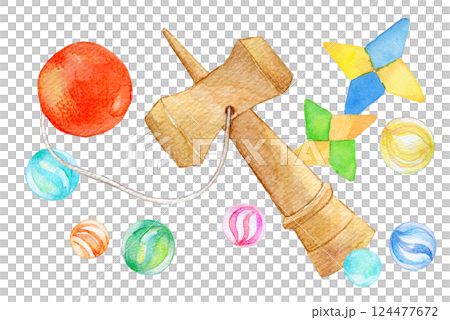 Watercolor illustration: Playing with marbles and kendama Watercolor illustration: Playing with marbles and kendama 124477672