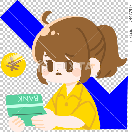 Illustration of a woman whose assets (pocket money) are decreasing Management Financial image material No main line 124477918
