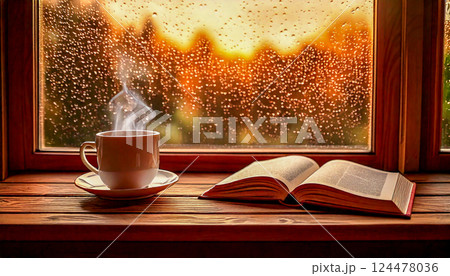 読書とコーヒー、雨の午後 124478036