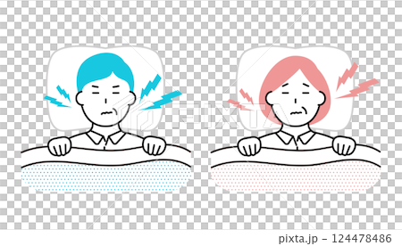 Illustration of a middle-aged man and woman grinding their teeth while sleeping Illustration of a middle-aged man and woman grinding their teeth while sleeping 124478486