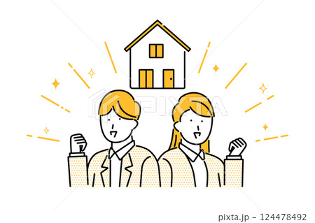 念願のマイホームを手に入れてガッツポーズをする若い夫婦のイラスト 124478492