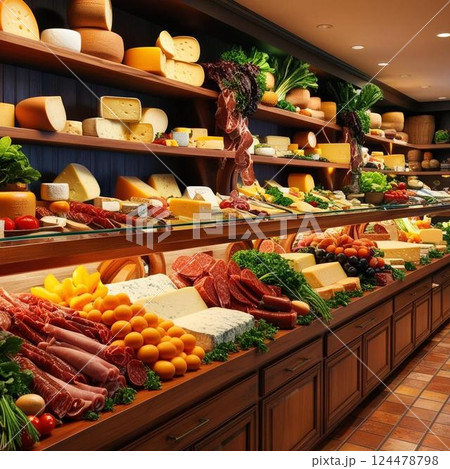 沢山の食品が並ぶデリカテッセン 124478798