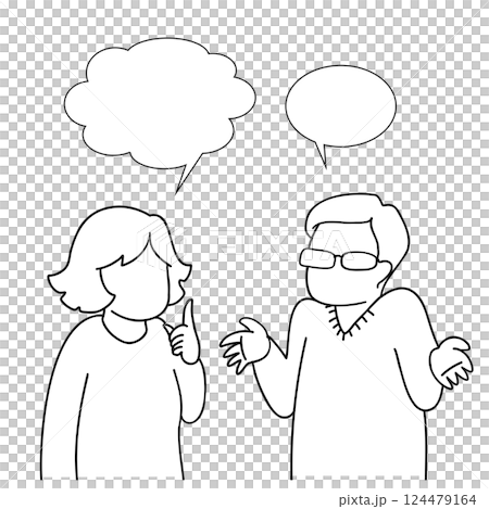 Line drawing illustration of a man and woman talking with speech bubbles 124479164