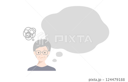 悩む高齢者と手書き吹き出しのベクターイラスト（相談・認知症） 124479188