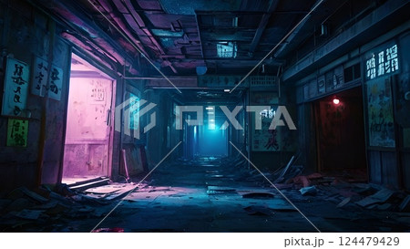 ゲーム背景 夜明け前のスラム街廃墟の裏通りビルの崩壊した室内部屋屋内風景 ゲーム背景 夜明け前のスラム街廃墟の裏通りビルの崩壊した室内部屋屋内風景 124479429