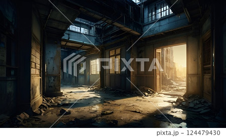 ゲーム背景 夜明け前のスラム街廃墟の裏通りビルの崩壊した室内部屋屋内風景 ゲーム背景 夜明け前のスラム街廃墟の裏通りビルの崩壊した室内部屋屋内風景 124479430
