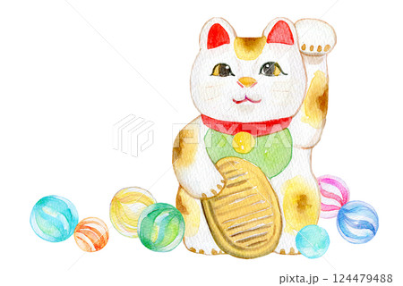 水彩イラスト ビー玉と招き猫 水彩イラスト ビー玉と招き猫 124479488