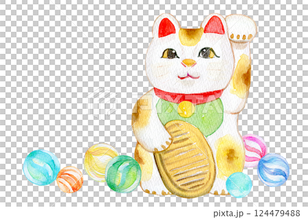 水彩イラスト ビー玉と招き猫 水彩イラスト ビー玉と招き猫 124479488