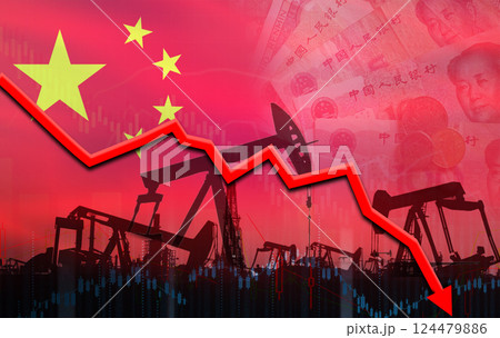 Oil crisis concept with china flag. Oil crisis with the flag of China on the economic graph Oil crisis concept with china flag. Oil crisis with the flag of China on the economic graph 124479886