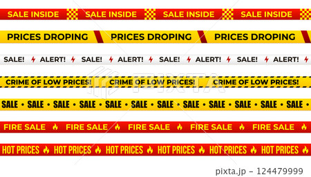 Sale line set with warning tapes, alert symbols, fire sale, low prices. Promotes urgency, grabs attention. Marketing, ecommerce, retail promo visuals. Vector illustration 124479999
