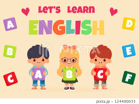 Lets Learn English Text with Children Holding Letters Flat Design 124480033
