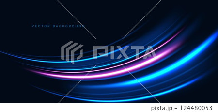 Hi-speed blue and pink neon curved beams rays on dark blue background. Speed motion moving concept. Hi-speed blue and pink neon curved beams rays on dark blue background. Speed motion moving concept. 124480053