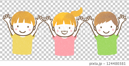 Three children raising their arms in the air 124480381
