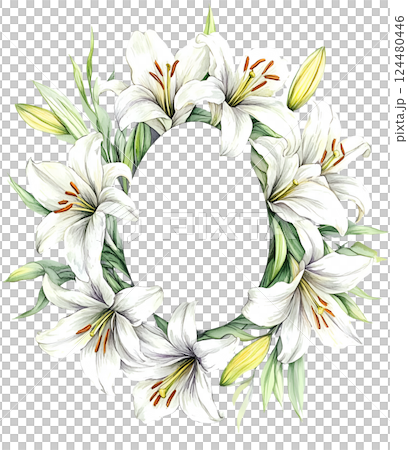 Watercolor Easter Lily flower frame in egg shape on transparent background. This is AI-generated item. Space for text. PNG Watercolor Easter Lily flower frame in egg shape on transparent background. This is AI-generated item. Space for text. PNG 124480446