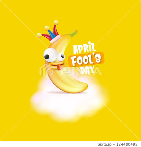 April Fools day funky square banner with silly banana character isolated on yellow background. 1 st april fool day banner, poster, label, flyer and greeting card 124480495