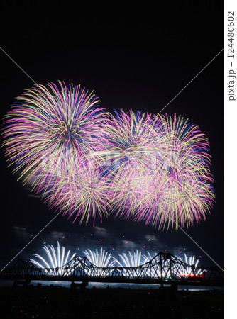 夜空に広がる橋と花火の共演 124480602