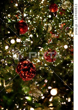 光きらめくクリスマスツリーの赤い装飾 光きらめくクリスマスツリーの赤い装飾 124480613