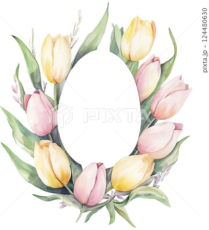 Watercolor Easter Tulip flower frame in egg shape on transparent background. This is AI-generated item. Space for text. PNG 124480630