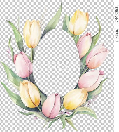 Watercolor Easter Tulip flower frame in egg shape on transparent background. This is AI-generated item. Space for text. PNG 124480630