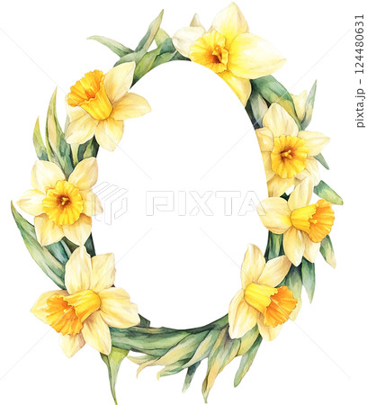 Watercolor Easter Daffodils flower frame in egg shape on transparent background. Space for text. This is AI-generated item. PNG 124480631