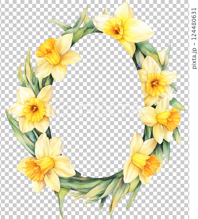 Watercolor Easter Daffodils flower frame in egg shape on transparent background. Space for text. This is AI-generated item. PNG 124480631