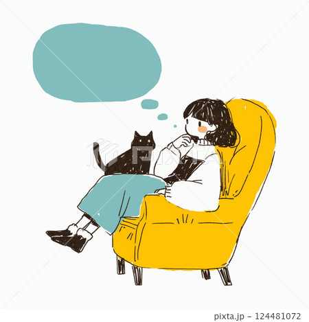 【フキダシ】座る女の子と黒猫と吹き出し 124481072