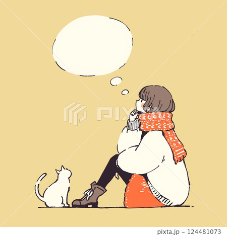【フキダシ】冬服と白猫と女の子と吹き出し 124481073