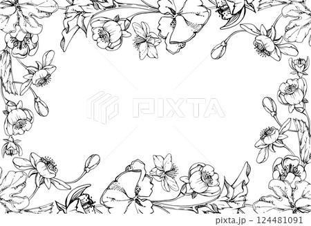 Spring flowers with leaves, white forest cloudberry apple cherry sakura anemone primrose ephemera, hand drawn vector ink. Border frame isolated illustration, for wedding, florist shop, scrapbooking Spring flowers with leaves, white forest cloudberry apple cherry sakura anemone primrose ephemera, hand drawn vector ink. Border frame isolated illustration, for wedding, florist shop, scrapbooking 124481091