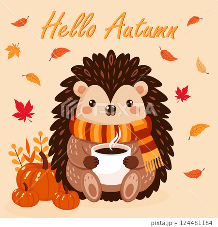 Autumn Postcard with Cute Hedgehog in Scarf with Coffee Mug Autumn Postcard with Cute Hedgehog in Scarf with Coffee Mug 124481184