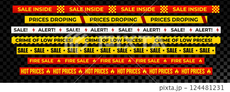Sale line set with warning tapes, alert symbols, fire sale, low prices. Promotes urgency, grabs attention. Marketing, ecommerce, retail promo visuals. Vector illustration 124481231
