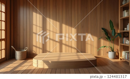 Minimalist wooden interior with natural sunlight and warm shadows, creating a cozy and serene ambiance 124481317