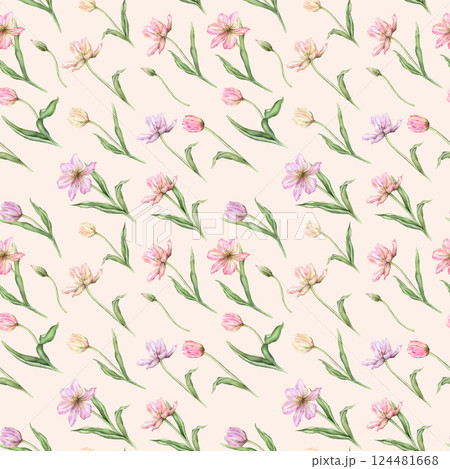 Seamless pattern of pastel pink light violet yellow bud Tulips watercolor illustration isolated on background. Hand drawn delicate spring perennial bulbous flower for spring wedding repeat design 124481668