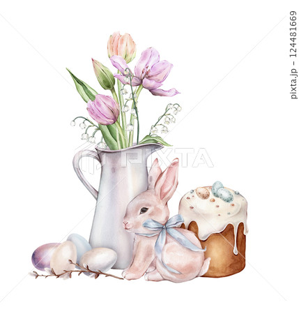 Watercolor hand drawn Illustration of Bunny or rabbit and Kulich with Icing and Sprinkles. Colored Chicken and quail eggs and Traditional Easter cake. Bouquet of tulips and lily of the valley in jug. 124481669