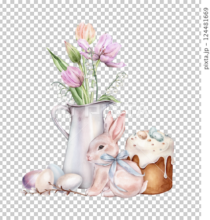 Watercolor hand drawn Illustration of Bunny or rabbit and Kulich with Icing and Sprinkles. Colored Chicken and quail eggs and Traditional Easter cake. Bouquet of tulips and lily of the valley in jug. 124481669