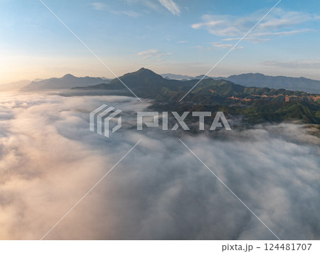 Drone aerial view of landscape fog over mountains in sunrise sky,High angle view over countryside at Southeast asia,Phang Nga Thailand,Wide angle view nature landscape Drone aerial view of landscape fog over mountains in sunrise sky,High angle view over countryside at Southeast asia,Phang Nga Thailand,Wide angle view nature landscape 124481707