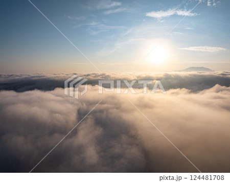 Drone aerial view of landscape fog over mountains in sunrise sky,High angle view over countryside at Southeast asia,Phang Nga Thailand,Wide angle view nature landscape Drone aerial view of landscape fog over mountains in sunrise sky,High angle view over countryside at Southeast asia,Phang Nga Thailand,Wide angle view nature landscape 124481708