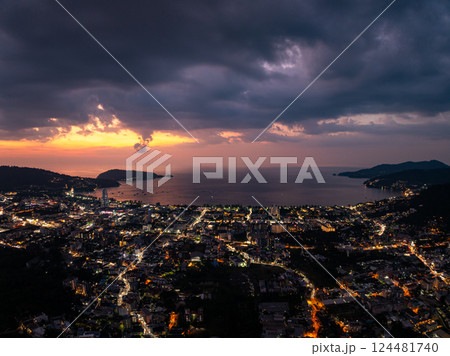 Aerial view of beautiful sunset sky over sea at Patong bay Phuket city Thailand 124481740