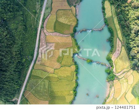 Aerial wide angle view of landscape with rice field at Phong Nam village in Trung Khanh, Cao Bang province,Northern Vietnam Aerial wide angle view of landscape with rice field at Phong Nam village in Trung Khanh, Cao Bang province,Northern Vietnam 124481751