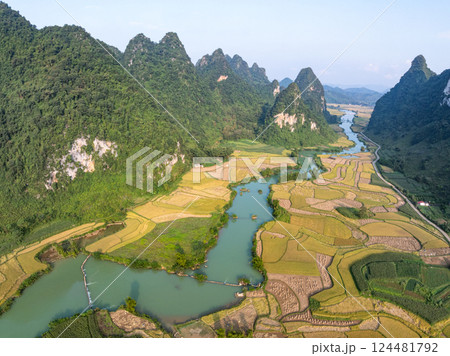 Beautiful sunrise landscape in Phong Nam valley, Amazing scenery landscape at Cao bang province, Northern Vietnam,Travel and nature landscape concept 124481792