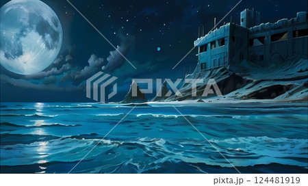 ゲーム背景 満月の海と古い工場がある夜の風景と水平線 ゲーム背景 満月の海と古い工場がある夜の風景と水平線 124481919
