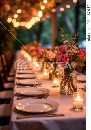Long table decorated with flowers and candles for a romantic dinner party Long table decorated with flowers and candles for a romantic dinner party 124482051
