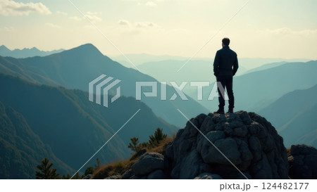 Hiker standing on top of a mountain and enjoying the sunset over the valley 124482177