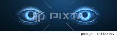 Human eye on blue background. Ophthalmology concept, eye technology, digital vision. 124482195