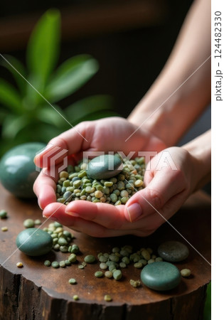 Masseur holding green split peas and massage stones for ayurvedic treatment 124482330
