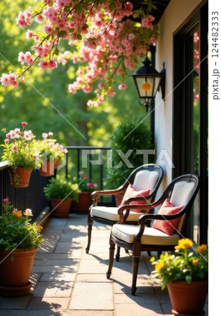 Blooming cherry tree branches hanging over balcony with elegant chairs Blooming cherry tree branches hanging over balcony with elegant chairs 124482333