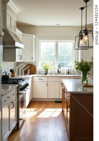 Modern farmhouse kitchen with white cabinets and hardwood floors Modern farmhouse kitchen with white cabinets and hardwood floors 124482334