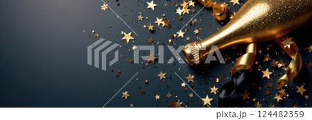 Golden champagne bottle celebrating new year's eve with festive gold confetti and ribbons on dark background 124482359
